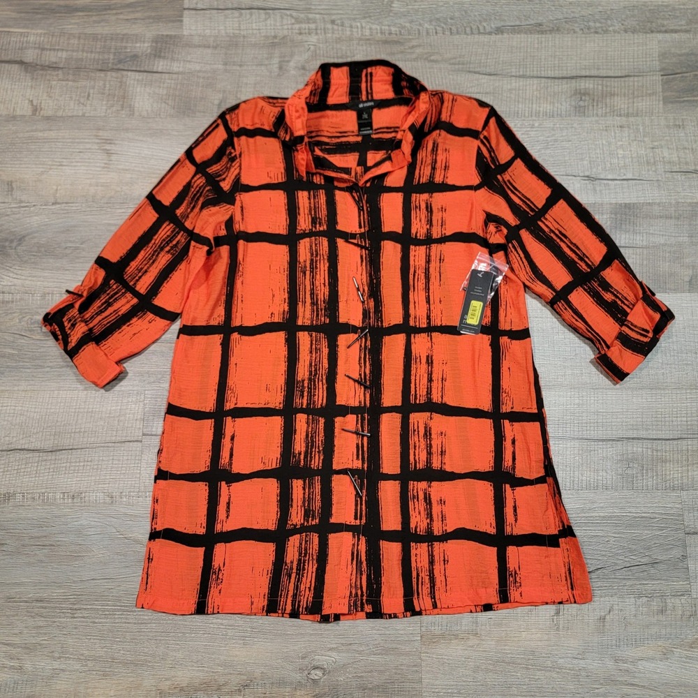 Ali Miles Art Crinkle Tunic Button Up Shirt Size Large Orange Black Plaid NEW